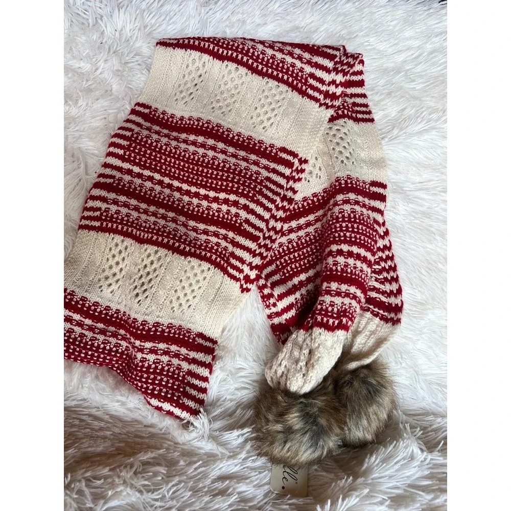 Noelle Knit Scarf OS Red Cream Striped Nordic Alpine Pointelle Faux Fur Pom Poms